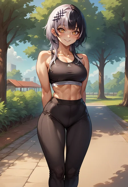 score_9, score_8_up, source_anime, 1girl, solo, ShioriNovella, split-color hair, white hair, black hair, yellow eyes, hair ornament, sports bra, yoga pants, tight pants, sweat, outdoors, park scene, arms behind back, smile, <lora:ChamShioriNovellaPonyXLCame-000008:1>