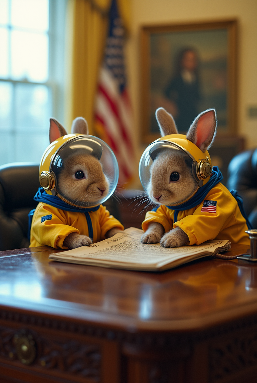 In the heart of the White House, the tiny space bunnies, dressed in their yellow and blue space suits with round helmets and metallic rabbit ears, are perched on the desk in the Oval Office. One bunny tries to "pilot" the room by pushing buttons on the President's phone while another clutches a rolled-up copy of the Constitution like a treasure map. Security guards burst into the room, but the bunnies are already hopping away, leaving behind tiny muddy paw prints on a priceless rug.
