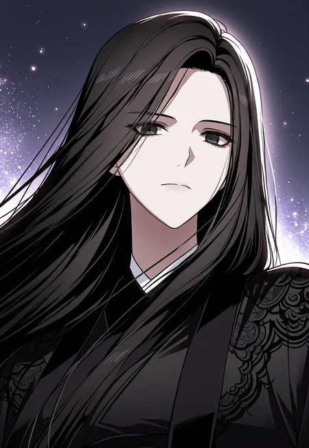 <lora:Seo_Baek_Hyang__SSS_Class_Suicide_Hunter__Illustrious:1>
1 girl, solo, black eyes, black hair, long hair, straight hair,
black hanfu, long flowing robe, embroidered sleeves, wide sleeves, layered dress, sash belt,
masterpiece, best quality, intricate details, gothic fantasy, upper body portrait, dramatic pose, confident gaze, cinematic lighting, clean background, glowing magical particles, detailed face, vibrant colors