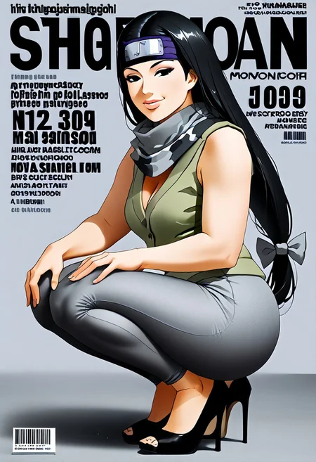 kin tsuchi, full body, black hair, low-tied long hair, black eyes,half closed eyes, big breasts, neckline, huge butt, full lips, forehead protector, hair bow, makeup, smile, sweater green vest, cleavage, open vest, grey scarf, arm warmers, black textured leggings, leggings, ass, high heels, peep toe heels, black stiletto heels, squatting pose
<lora:magazine-cover-ponyxl-lora-nochekaiser:1>, magazine cover, fake magazine cover, cover, fake cover, price, cover page, text focus, barcode, content rating, dated,