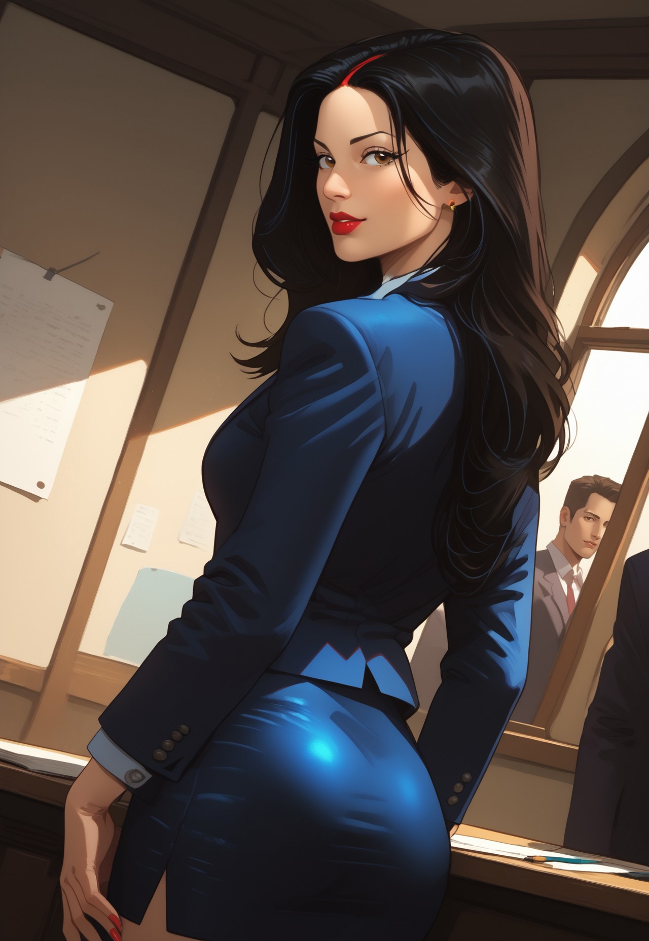 safe_pos, safe_pos, score_9, score_8_up, score_7_up, expressiveh
BREAK,
 1girl,solo,cowboy shot,solo focus,skirt suit,blazer over collared shirt,pencil skirt,looking at viewer, sindoor, bindi,
dutch angle, masterpiece , random pose
BREAK,
Tall building with globe background through window