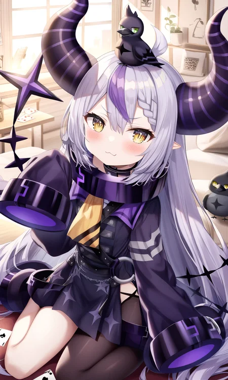 1girl, safe, crow, la+ darknesss, la+ darknesss, 1st costume, la+ darknesss, solo, long hair, looking at viewer, blush, long sleeves, holding, hair between eyes, very long hair, sitting, yellow eyes, grey hair, braid, purple hair, multicolored hair, horns, pointy ears, virtual youtuber, indoors, streaked hair, collar, sleeves past wrists, :3, bird, wariza, demon horns, sleeves past fingers, card, on head, animal on head, playing card, holding card, single leg pantyhose, metal collar, bird on head, striped horns
