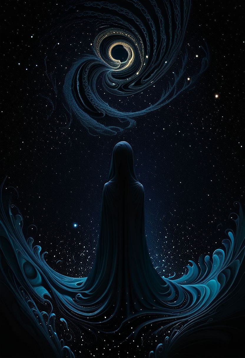 A hauntingly immersive feeling of aetheric melancholy swirls in depths of a cosmic void, where shadows converge in a symphony of obsidian hues. The main subject is a mysterious figure shrouded in darkness, exuding an aura of profound sorrow and enigmatic allure. This digital painting evokes a sense of otherworldly beauty, rendered with intricate details and rich textures that seem almost palpable. The transcendent quality of the image transports viewers to a realm of profound introspection and mystery.