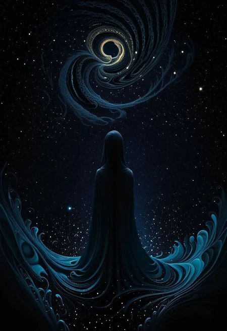 A hauntingly immersive feeling of aetheric melancholy swirls in depths of a cosmic void, where shadows converge in a symphony of obsidian hues. The main subject is a mysterious figure shrouded in darkness, exuding an aura of profound sorrow and enigmatic allure. This digital painting evokes a sense of otherworldly beauty, rendered with intricate details and rich textures that seem almost palpable. The transcendent quality of the image transports viewers to a realm of profound introspection and mystery.
