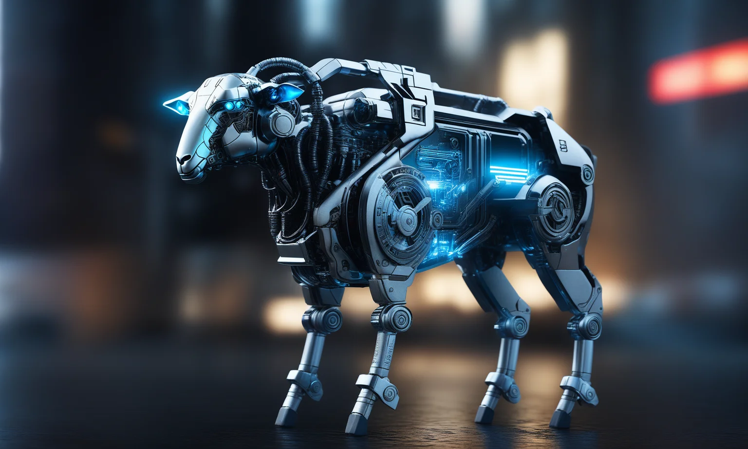 <lora:mechcd_xl-000007:0.8>,a (mechcd_xl,mech,cyberpunk,shiny,glowing,mechanical parts,joints,military) sheep,cyan theme,no humans,solo,long-focus,tilt-shift,outdoors,full body,cityscape,at night,dim light,glowing eyes,science fiction,dystopian,futuristic,intricate,chinese zodiac,still life,front view,facing viewer,looking at viewer, emotional,harmonious,high budget,moody,epic,gorgeous,perfect lighting,realistic,photorealistic,photographic,photo (medium),real,moody lighting,volumetric lighting,reality ray tracing,8K,HDR,UHD,masterpiece,best quality,highly detailed,high resolution,finely detail,extremely detailed,ultra detailed,wallpaper