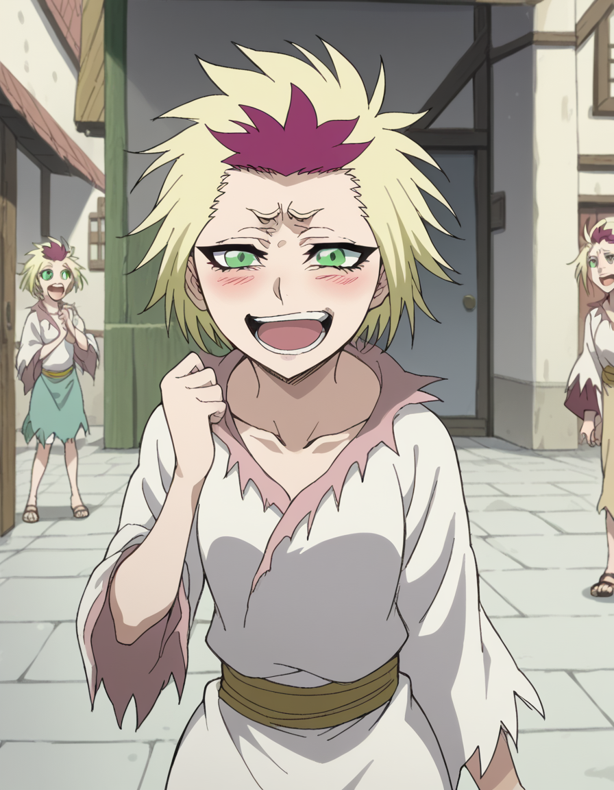 score_9, score_8_up, score_7_up, source_anime, <lora:bleach-homura-movie3-ponyxl-lora-nochekaiser:1>, homura, short hair, blonde hair, green eyes, red hair, multicolored hair, two-tone hair, anime screencap,, torn clothes, long sleeves, collarbone,, town, small, streets, community, people, , <lora:pov-bullying-ponyxl-lora-nochekaiser:1> pov bullying, teasing, smug, bullying, laughing, open mouth, blush, hand up, cowboy shot,, looking at viewer, solo,, dutch angle, cowboy shot
