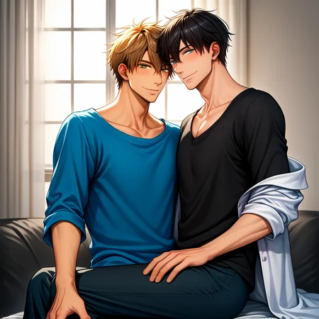 score_9,score_8_up,score_7_up,score_6_up,score_5_up,score_4_up BREAK junta azumaya,takato saijo,2boys,multiple boys,lab coat,yaoi,male focus,sitting,pants,shirt,blush,black shirt,sitting on person,smile,looking at viewer,blue shirt,looking back,t-shirt,off shoulder,looking at another,indian style,<lora:Takato_Junta_V1-2:0.9>,
