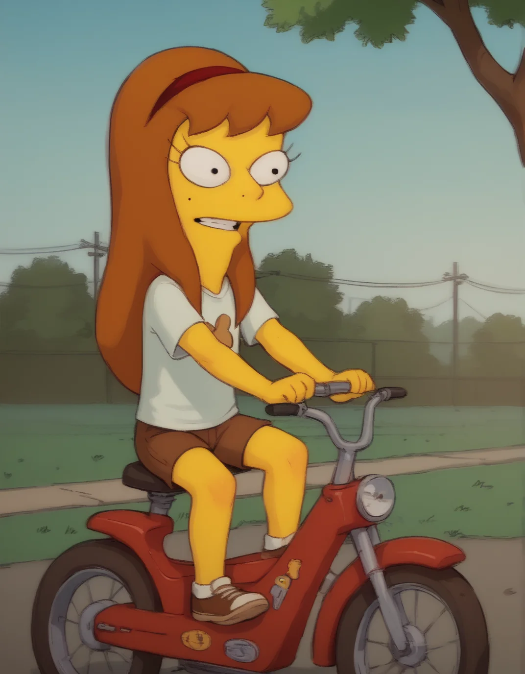 score_9, score_8_up, score_7_up, score_6_up, score_5_up, score_4_up, the simpsons, (source_cartoon), (safe), <lora:allison_taylor:0.9> allison taylor, 1girl, young, flat chest, yellow skin, long brown hair, red headband, t-shirt and shorts, riding bike,