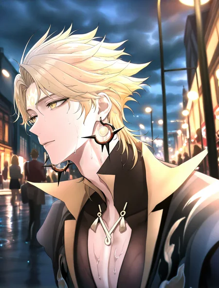 masterpiece,best quality,amazing quality,absurdres,volumetric lighting,very aesthetic,newest,highres,
(solo:1.3),1boy,male,<lora:susanoo_onmyoji-000010:1>,susanoo \(onmyoji\),blonde hair,yellow eyes,male focus,earrings,jewelry,bishounen,spiked hair,
beautiful_detailed_eyes,finely detail,colorful refraction,beautiful,cinematic lighting,<lora:ClearHand-V2:1>,<lora:DetailedEyes_V3:1>,<lora:detailed hand focus style illustriousXL v1:1>,downtown,street,crowd,cityscape,city,road,lamppost,dept,<lora:checkpoint-e18_s378:0.8>,heavy-rain,rain,wet,cloudy,dark,wet clothes,wet hair,<lora:last:0.5>,gyarutomamadesuzo,<lora:GMXLillokrV5311P:0.6>,