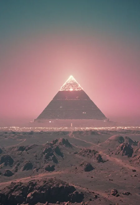 pastel neon niji colors, terraforming mecha-Pyramid Like drdnght machine hovering above planet earth 20000 bc. shooting rockets like a rocket launcher, By YMji Shinkawa,
.atmospheric haze, Film grain, cinematic film still, highly detailed, high budget, cinemascope, moody, epic, OverallDetail, gorgeous, 2000s vintage RAW photo, photorealistic, candid camera, color graded cinematic, eye catchlights, atmospheric lighting, skin pores, imperfections, natural, shallow dof,