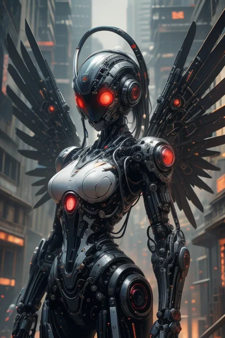 cybernetic robot cybernetic style biomechanical cyberpunk masterpiece,best quality,absurdres,high details,8K,photorealistic,at distance,cowboy shot,1girl,<lora:wrenchsmechs:0.7>,wrenchsmechs,glowing,mecha,halo,mechanical wings,<lora:Concept_-_Hella-sthetic_v2:0.7>, . cybernetics, human-machine fusion, dystopian, organic meets artificial, dark, intricate, highly detailed . futuristic, technological, cybernetic enhancements, robotics, artificial intelligence themes . android, AI, machine, metal, wires, tech, futuristic, highly detailed