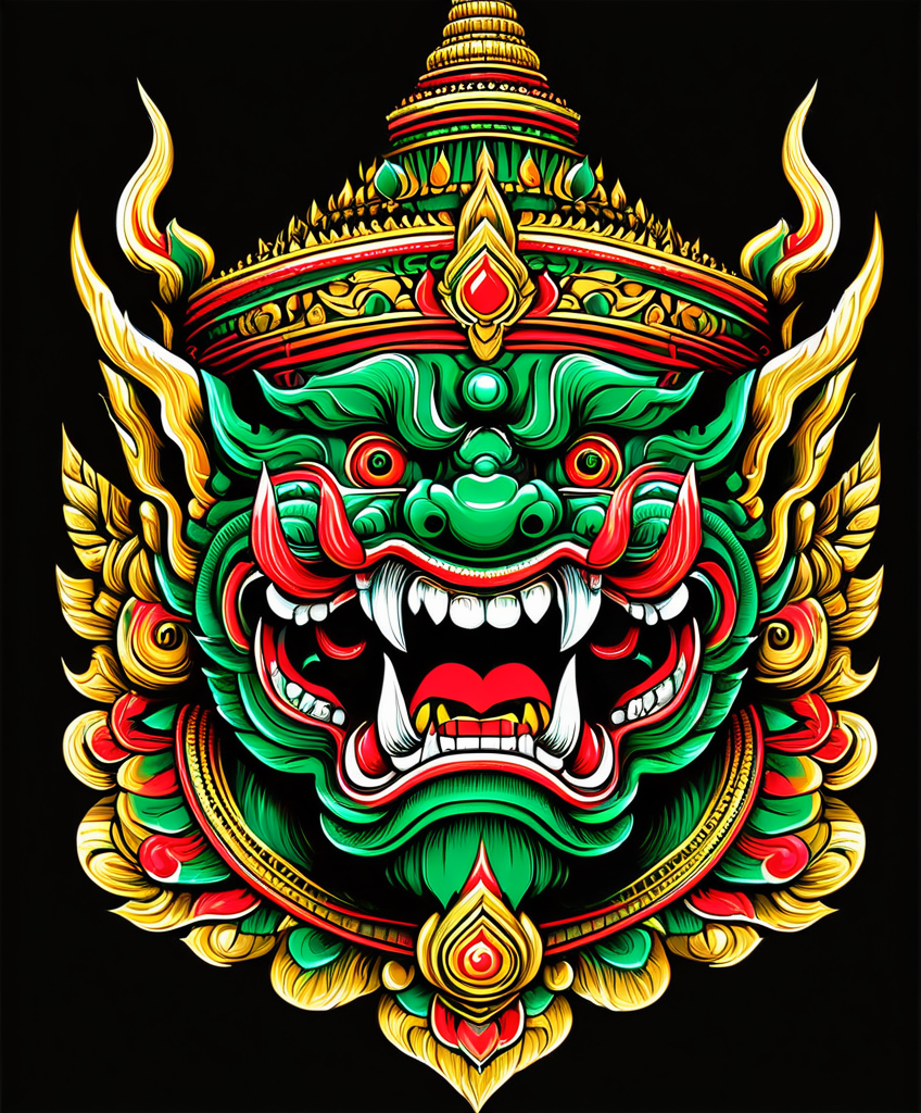 thai ogre style, giant, colors green red and gold, sharp teeth, golden accents, extremely detailed, digital art, t-shirt design, dark blackground <lora:thai ogre_style:0.80>