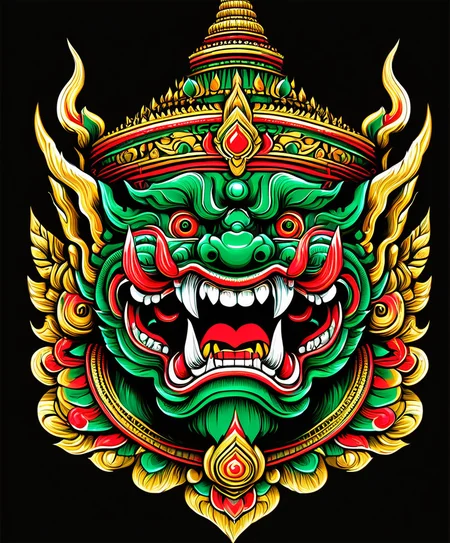 thai ogre style, giant, colors green red and gold, sharp teeth, golden accents, extremely detailed, digital art, t-shirt design, dark blackground <lora:thai ogre_style:0.80>