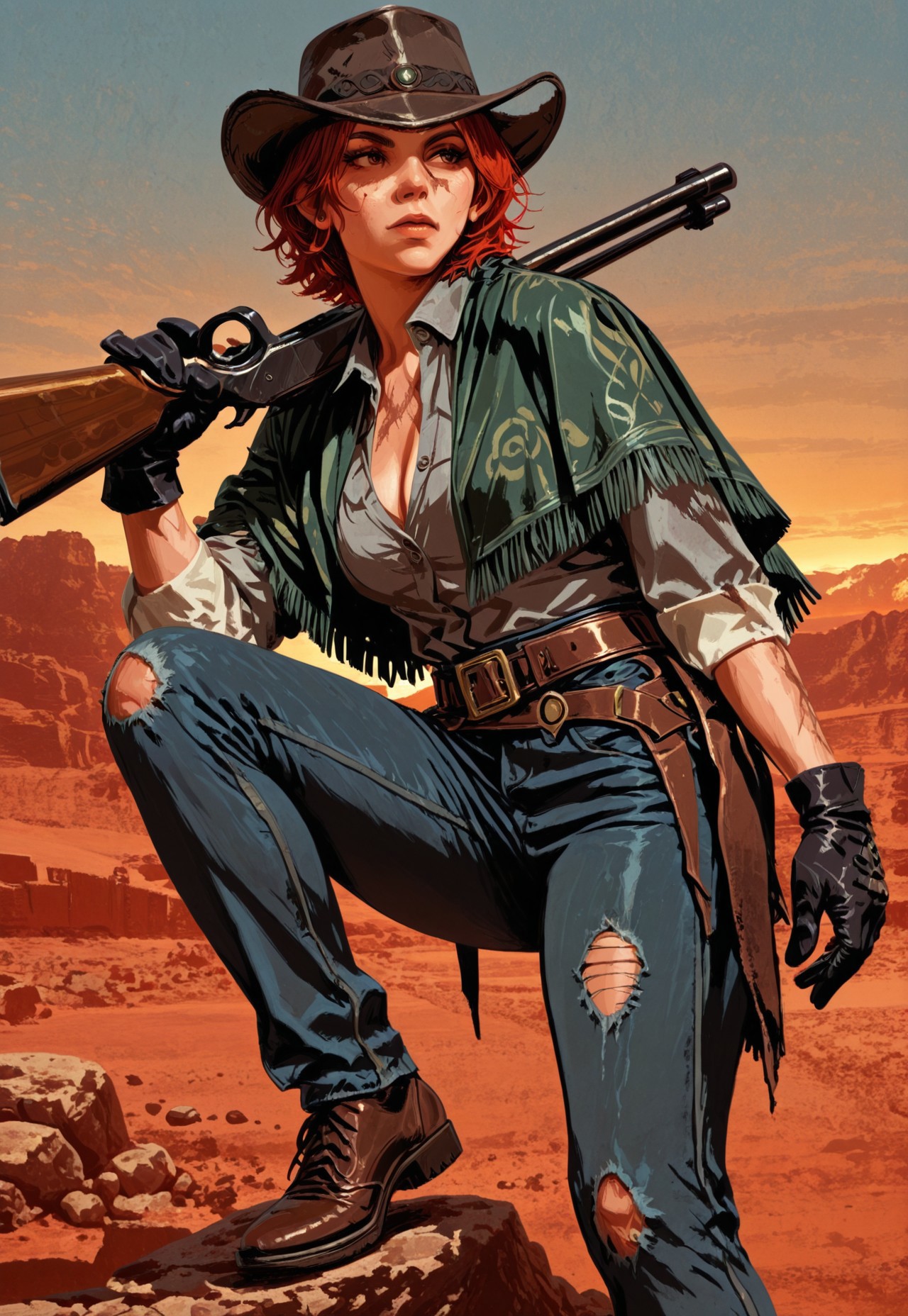 1girl, solo, beautiful, brown eyes, short red hair, eyeliner, lean toned body, scar on face, 
BREAK  
Cowboy hat, green poncho, grey buttoned shirt underneath, black gloves, worn jeans, frayed fabric,
BREAK  
dynamic angle, dynamic action pose, weapon over shoulder, holding one vintage sniper rifle, foot up on a rock, looking out over a small town, 
BREAK
outdoors, evening, abandoned town in the desert, golden hour lighting, detailed background, 
BREAK
(safe_pos, fine texture, masterpiece, ultra-detailed, very aesthetic, absurdres, volumetric lighting, scenery, newest), RDR, G0thicL1nes,
BREAK
