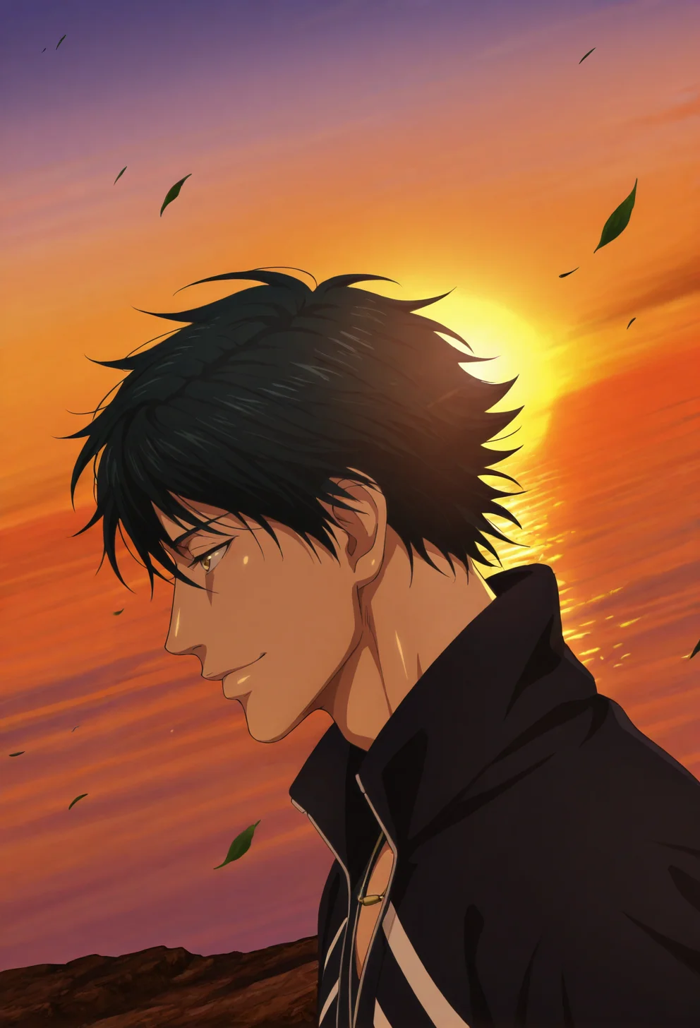 1boy, male focus, ERyogaPT, ERyogaPT_black_hair, ERyogaPT_tan_skin, ERyogaPT_hazel_eyes, ERyogaPT_necklace, bust portrait, side profile, looking at the horizon, sunset sky, wind blowing hair, eyes half closed, bittersweet smile, background: cliff edge with floating leaves, close up:2.8, slightly from behind, slightly from above, dynamic angle, abstract background, masterpiece, best quality, amazing quality, ultra-detailed, absurdres, cinematic lighting, realistic shading, intricate details, shiny skin, newest, 8k resolution, octane render, <lora:Prince_of_tennis_Echizen_Ryoga:0.8>