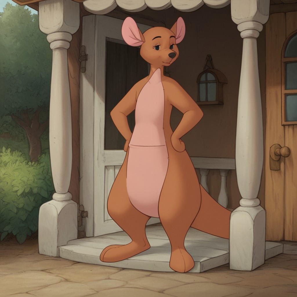 score_9, score_8_up, score_7_up, score_6_up, score_5_up, score_4_up source_furry, WtPKangav2, semi-anthro, female, kangaroo, brown fur, black eyes, standing, outside, house, porch, hands on hips