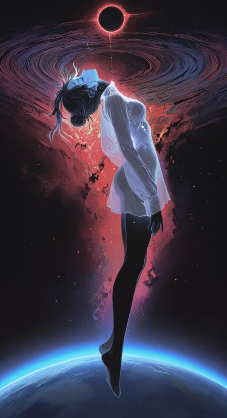 masterpiece, best quality, good quality, very awa, newest, highres, absurdres, 1girl, solo, breasts, hair bun, colored skin, single hair bun, blue skin, black skin, looking up, closed eyes, barefoot, floating, arched back, facing up, head back, shirt, long sleeves, full body, from side,
light particles, planet, limited palette, sketch, glowing, psychedelic, <lora:illustriousXL_stabilizer_v1.23:0.3> <lora:NOOB_vp1_detailer_by_volnovik_v1:0.3> <lora:ponyv6_noobE11_2_adamW-000017:0.3> <lora:114558v4df2fsdf5:1> <lora:mon_monmon2133:0.6>