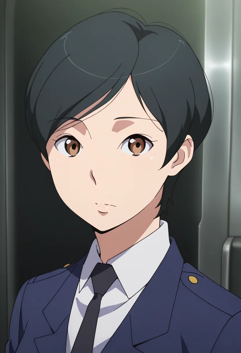 masterpiece, best quality, amazing quality, very aesthetic, absurdres, newest, illustration, perfect composition, intricate details, highres, anime coloring, 1girl, solo, (portrait:1.2), kaoruww, mature female, brown eyes, black hair, short hair, formal, military uniform, skirt suit, black necktie, blue military jacket, white collared shirt, looking at viewer, shiny body, shiny skin, skindentation, clear skin, shiny hair, ultra detailed eyes, depth of field, sharp, intricate details, hyperdetailed, ultra-detailed, detailed clothing folds, high contrast, dynamic light <lora:Mizusaki_Kaoru_Aldnoah_Zero_ill_v1.1:1>