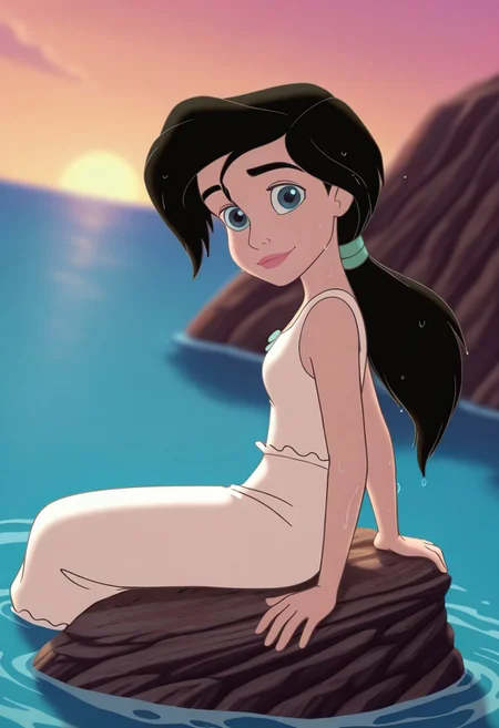(screencap, official style:1.2), blurry background,
1girl, small breasts, (MelodyXL:1.1), black hair, blue eyes, ponytail, makeup, sleeveless, shirt, pants, white pajamas,
light smile, dutch angle, sitting on water, rocks, from side, from above, wet, head tilt, cute pose, looking at viewer, outdoors, sea, dynamic pose, cowboy shot, warm light, daylight,
<lora:Melody_character-12:1>