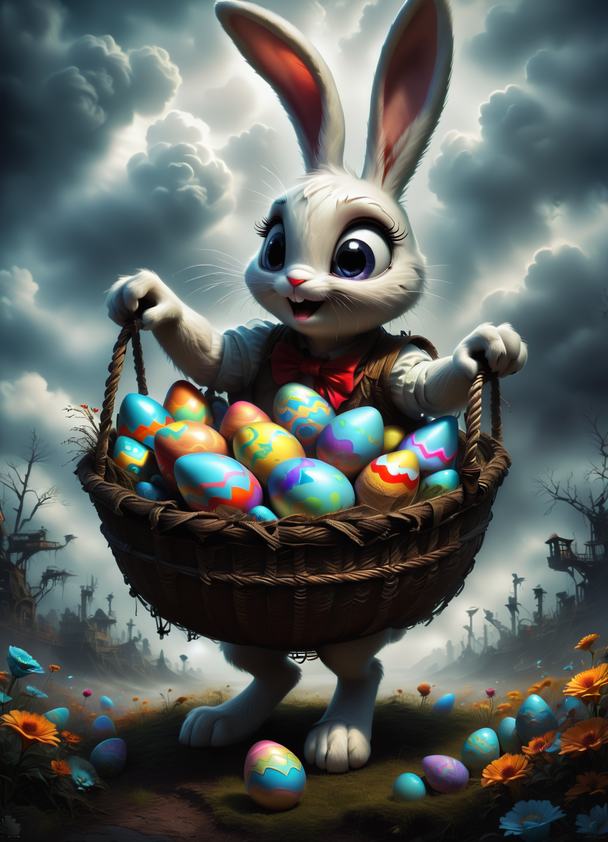 DonMGl00myN1gh7m4r3XL,score_9, score_8_up, score_7_up, score_6_up, female  easter bunny, anthropomorphic hare, colorful eggs, festive clothing and accessories, basket filled with easter eggs, fertility, rebirth, spring, cheerful, sustainable,maritime,illusionary,subtle,opposing,squirting,resilient ,  creepy, gloomy, rating_safe <lora:DonMGl00myN1gh7m4r3XL:0.65>