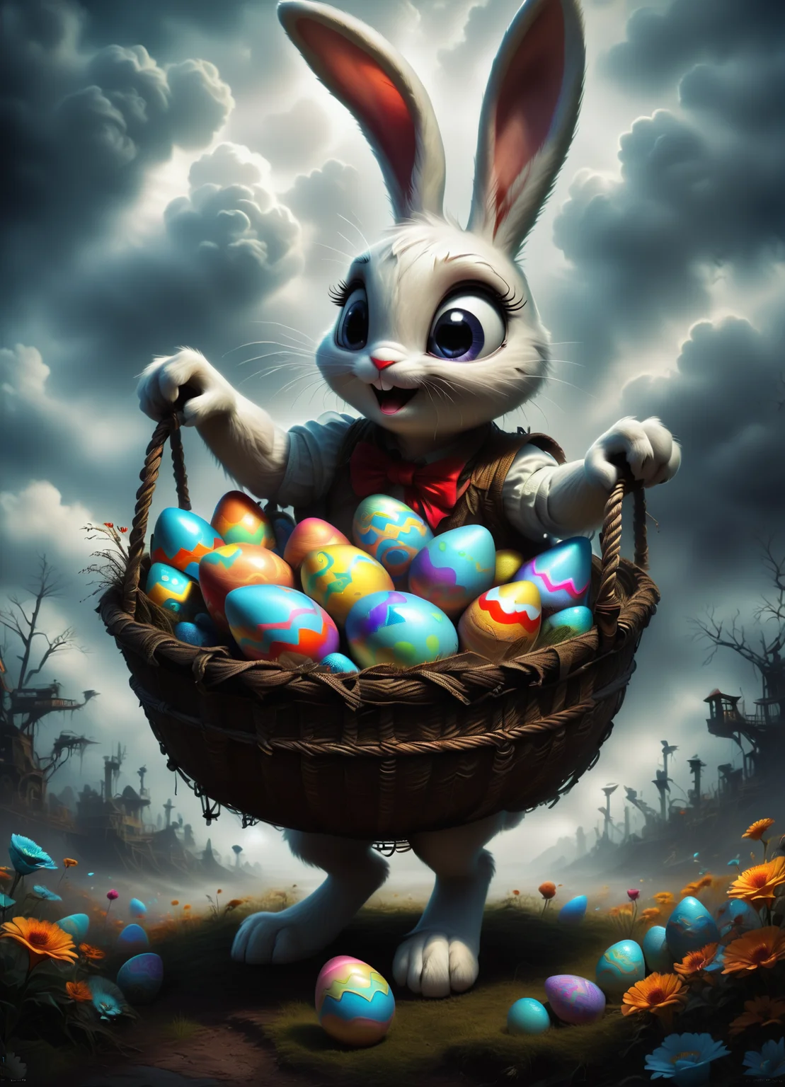 DonMGl00myN1gh7m4r3XL,score_9, score_8_up, score_7_up, score_6_up, female easter bunny, anthropomorphic hare, colorful eggs, festive clothing and accessories, basket filled with easter eggs, fertility, rebirth, spring, cheerful, sustainable,maritime,illusionary,subtle,opposing,squirting,resilient , creepy, gloomy, rating_safe <lora:DonMGl00myN1gh7m4r3XL:0.65>