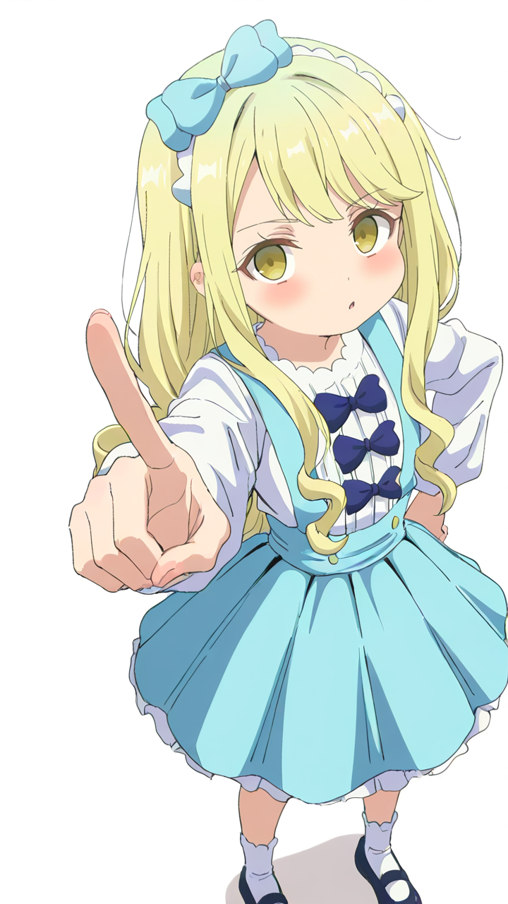 white_background,simple background,1girl,solo,looking_at_viewer,anime screenshot,sincos,<lora:Viena&Fiena_Illustrious_v1:1>,Fienadress,blue dress,shirt,white shirt,long sleeves,hair bow,blue bow,hairband,socks,shoes,suspender skirt,looking_up,pointing_at_viewer,, masterpiece, best quality