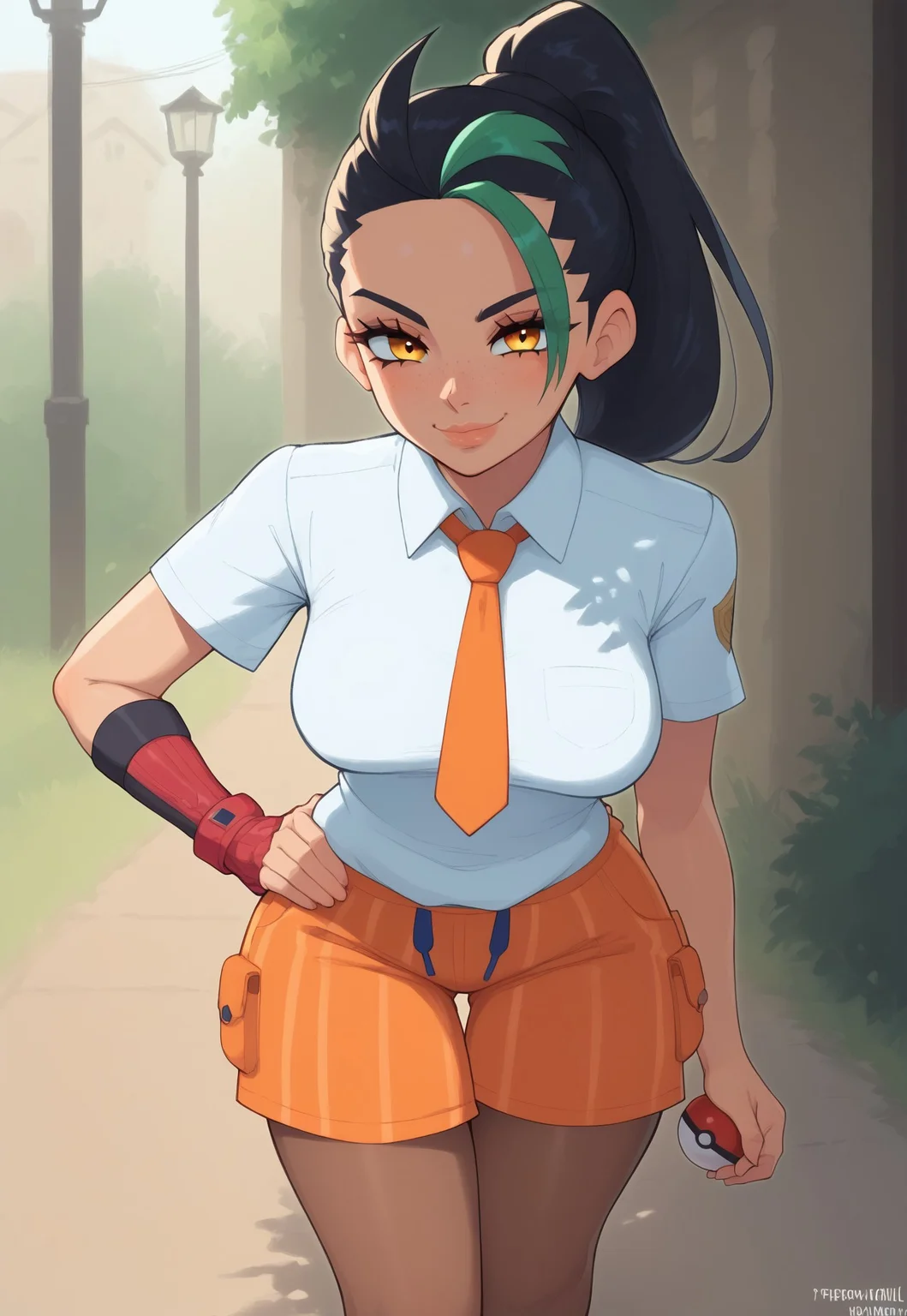 safe_pos, (score_9, score_8_up, score_7_up, score_6_up, score_5_up, score_4_up), masterpiece, detailed face, s1_dram, afbul, AN3W0M, BREAK, closeup, 1girl, young face, Nemona, Naranja academy uniform, white shirt, orange shorts, single glove, pantyhose, orange necktie, medium breasts, wide hips, small lips, slender, hourglass figure, thick outline, purple outline, purple hearts, (holding pokeball), hand on waist, Expressiveh, (leaning forward), sneering, teasing, smirk, BREAK, outside, street, houses, road, sunlight, harsh shadows, shade, dark