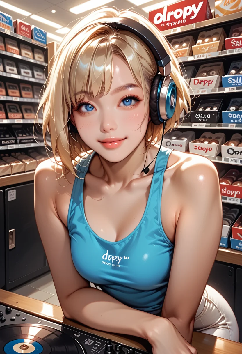 score_9, score_8_up, score_7_up, score_6_up, asian girl, silk blonde hair, short hair, bangs, droopy eyes, tareme, round face, big bright blue eye, small perky breasts, sexy pink lips, half lips, detailed eyes, eyeshadow, shy, cute smile, BREAK slim figure, tall body, wide hips, pale skin, outstanding style, sexy, smart looking, sitting on counter, (Musical instrument store, music store, Record store), wearing headphones, tank top, record shelves, indoors, ( closed-up, near viewer), eye_focus, looking_at_viewer, <lora:Eyes_Lora_Pony_Perfect_eyes:0.3>, <lora:Lora_RND_futa:0.7>