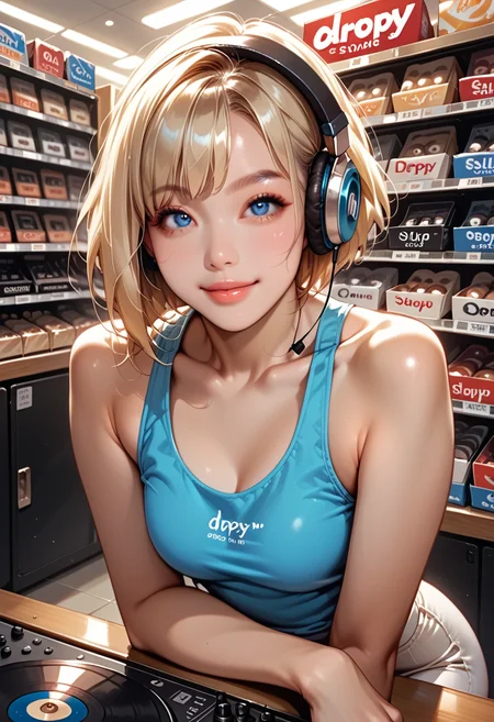 score_9, score_8_up, score_7_up, score_6_up, asian girl, silk blonde hair, short hair, bangs, droopy eyes, tareme, round face, big bright blue eye, small perky breasts, sexy pink lips, half lips, detailed eyes, eyeshadow, shy, cute smile, BREAK slim figure, tall body, wide hips, pale skin, outstanding style, sexy, smart looking, sitting on counter, (Musical instrument store, music store, Record store), wearing headphones, tank top, record shelves, indoors, ( closed-up, near viewer), eye_focus, looking_at_viewer, <lora:Eyes_Lora_Pony_Perfect_eyes:0.3>, <lora:Lora_RND_futa:0.7>