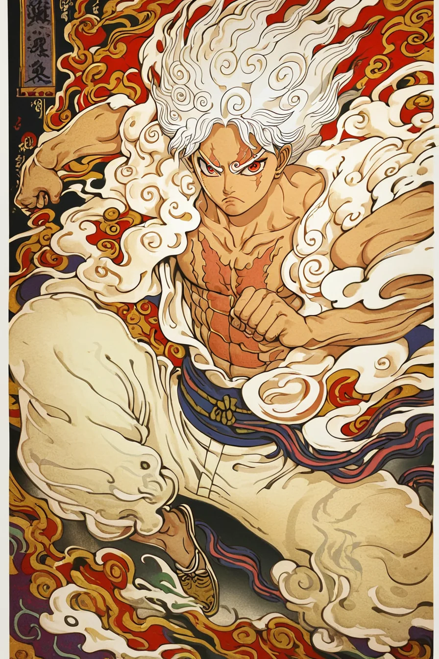 score_9, score_8_up, score_7_up, score_6_up, score_5_up, score_4_up, <lora:Gear_5_Luffy:0.8>, gearfifth, white hair, red eyes, scar on chest, scar, <lora:traditional_Japanese_art:1>, traditional japanese art, 1boy, fighting stance, solo, alone, masterpiece, highres