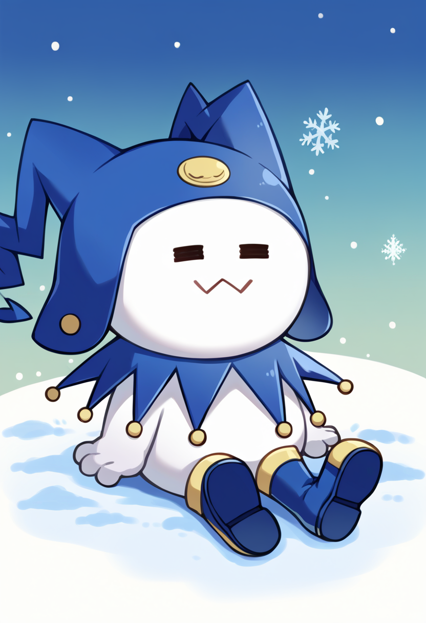 score_9, score_8_up, score_7_up, source_anime BREAK solo, <lora:Jack-Frost-pdxl_Fp-000006:1>, jackfrostsmt, creature, white skin, jester cap, blue footwear, <lora:ChamElfExpressionPonyXL:1>, =w=, :3, = =, eyes closed, sitting, chibi, snow,
