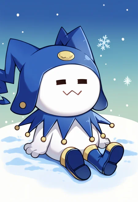 score_9, score_8_up, score_7_up, source_anime BREAK solo, <lora:Jack-Frost-pdxl_Fp-000006:1>, jackfrostsmt, creature, white skin, jester cap, blue footwear, <lora:ChamElfExpressionPonyXL:1>, =w=, :3, = =, eyes closed, sitting, chibi, snow,
