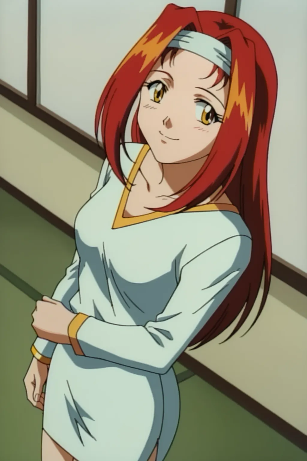 score_9,  best, masterpiece, uncensored,
indoors,
1girl, solo, smile, 1990s (style), retro artstyle,
DWKojiJitsuko, RegOutfit, headband, light blue v-neck with pink accents, light blue pencil skirt,
yellow eyes,
<lora:DWKojiJitsuko:0.8>​​​