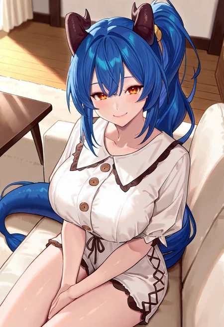 1girl, orange eyes, blue hair, very long hair, side ponytail, dragon horns, big breasts, white shirt, white shorts, brown lace, blue tail, happy, smile, looking at viewer, view from above, close-up view, pov, on couch, living room, table, sitting,