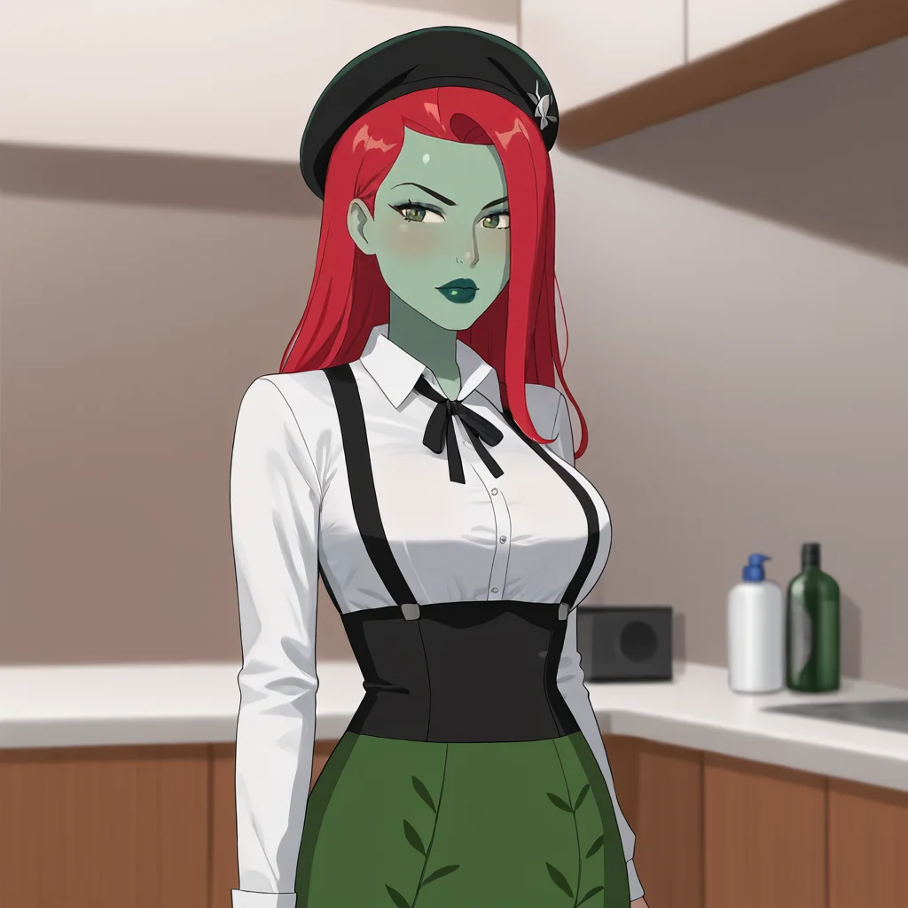 <lora:poisonivycartoon_pony_v1:.8> PoisonIvyBikiniCartoon, 1girl, solo, lipstick, makeup, large breasts, (green skin:1.5), colored skin, long red hair, black lips, cowboy shot, <lora:0902 Home wear 5_v1_pony:1> ruanyi0902,beret,black ribbon,collared shirt,black pantyhose,high-waist skirt,white shirt,suspenders