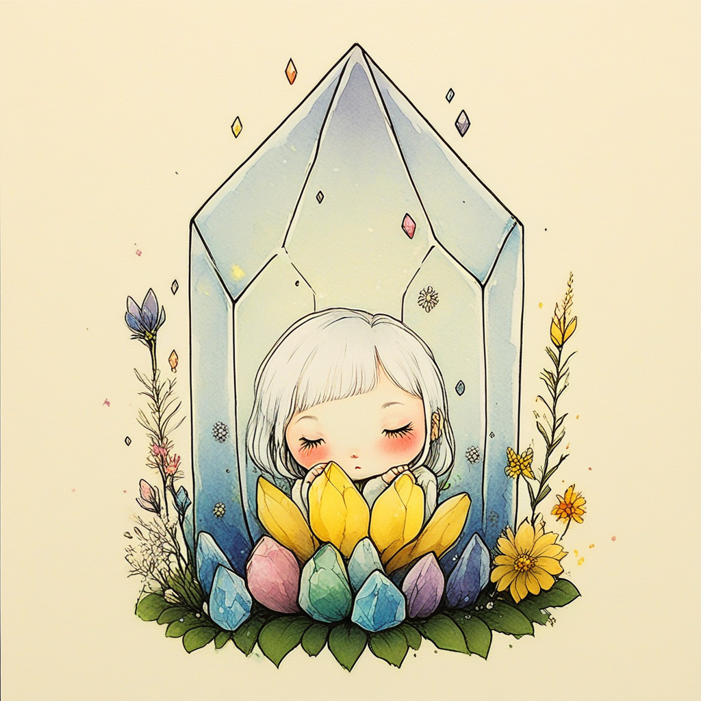 ArsMJStyle, Delicate Whimsy, The image shows a little girl sitting in front of a crystal surrounded by a variety of colorful flowers and plants. She has a peaceful expression on her face and her hair is tied up in a bun. The crystal is a bright yellow color and the flowers are a mix of pink purple and yellow., 1girl, flower, solo, dress, closed eyes, white hair, blush, long hair, yellow flower, sitting