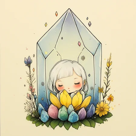 ArsMJStyle, Delicate Whimsy, The image shows a little girl sitting in front of a crystal surrounded by a variety of colorful flowers and plants. She has a peaceful expression on her face and her hair is tied up in a bun. The crystal is a bright yellow color and the flowers are a mix of pink purple and yellow., 1girl, flower, solo, dress, closed eyes, white hair, blush, long hair, yellow flower, sitting