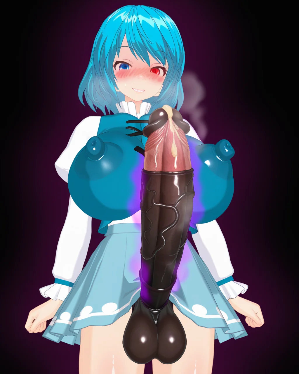 1girl, solo, tatara kogasa,blue hair,heterochromia,blue eyes,red eyes,blue vest,juliet sleeves,white shirt,blue skirt, tabochi, (dark aura:1.3), aura, tabochi, 3d, naughty face, hypnosis, mind control, huge breasts, (covered nipples:1.1), dark areolae, puffy nipples, futanari, huge penis, very long penis, veiny penis, evil penis, dark penis, horse penis, blush, steam, looking at viewer, cowboy shot, simple background, black background, masterpiece, best quality, very aesthetic, absurdres