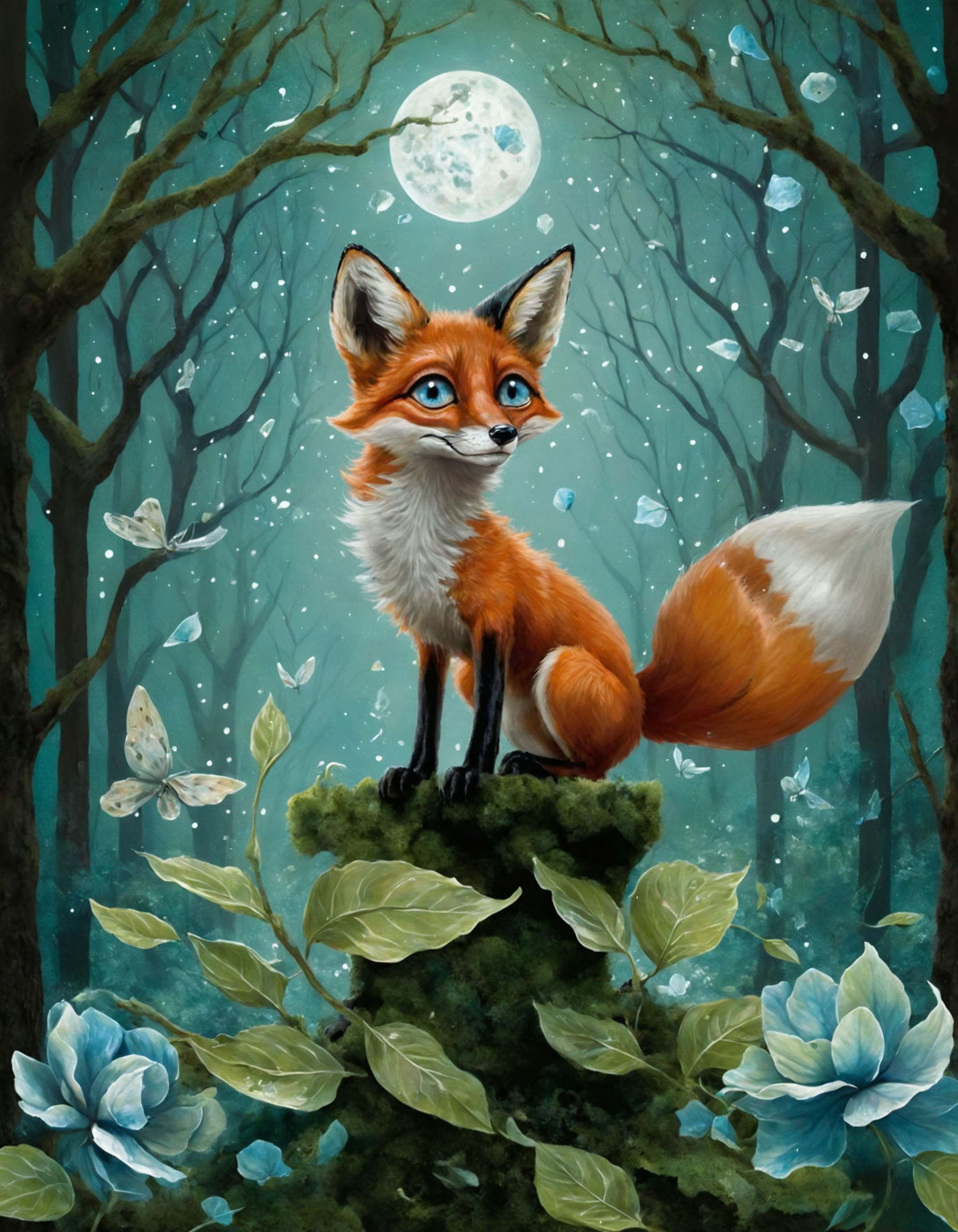 surreal00d, In a forest where trees are made of glass, a fox with mismatched eyes dances on branches while a chorus of singing hydrangeas bloom into galaxies. Moonlight filters through crystalline leaves, casting shadows of mythical creatures onto the mossy floor., <lora:surreal00d_SDXL_08:1>