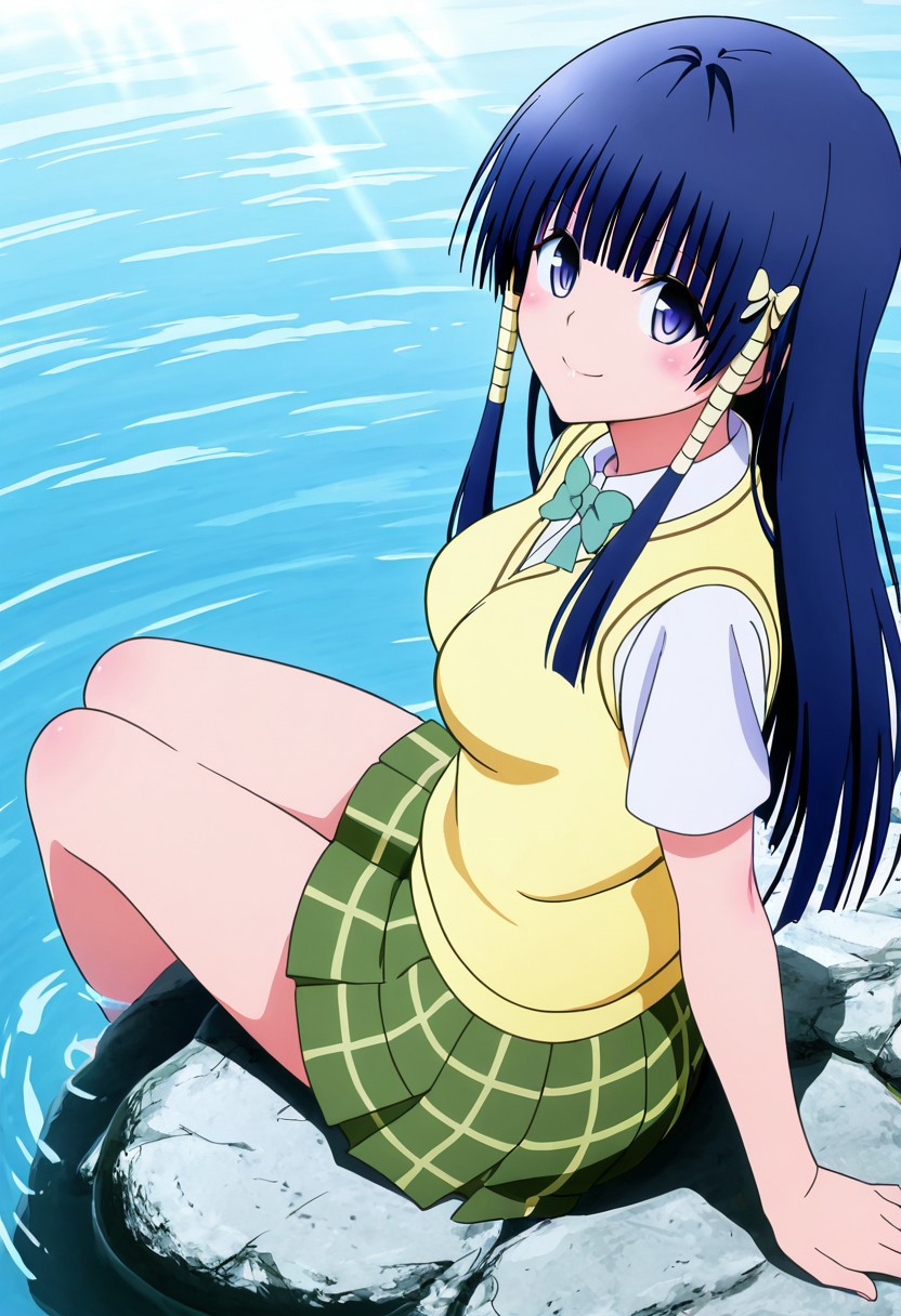 masterpiece, best quality, medium breasts, anime screenshot, to love-ru, to love-ru darkness, absurdres, highres, smile, solo,
murasame_oshizu, shizu murasame,medium breasts, long hair, blue eyes, blue hair, black hair, sidelocks, hime cut, bangs, blunt bangs, hair tubes,  anime screencap,
green skirt, plaid, plaid skirt, sainan school uniform, school uniform, skirt, sweater vest, yellow sweater, short sleeves,
sitting on a rock, lakeside, gentle breeze, reflective water, warm sunlight, relaxed expression, looking at viewer, smile, side view, from above, Sitting on a smooth rock by the crystal-clear lake, she leans back on her hands, letting out a soft sigh of contentment. The afternoon sun glistens on the rippling water, creating shimmering reflections that dance across her clothes. hair sways in the light breeze.