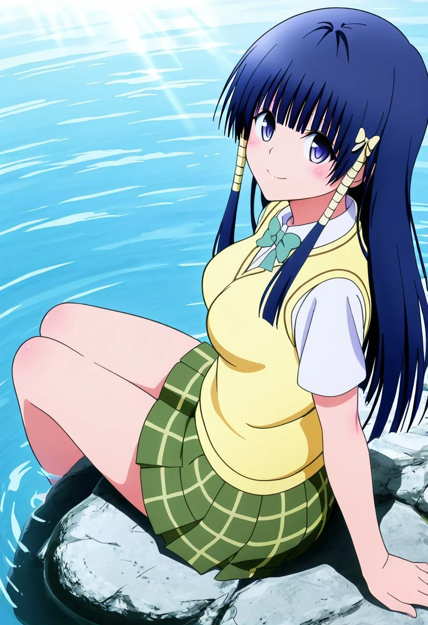 masterpiece, best quality, medium breasts, anime screenshot, to love-ru, to love-ru darkness, absurdres, highres, smile, solo,
murasame_oshizu, shizu murasame,medium breasts, long hair, blue eyes, blue hair, black hair, sidelocks, hime cut, bangs, blunt bangs, hair tubes, anime screencap,
green skirt, plaid, plaid skirt, sainan school uniform, school uniform, skirt, sweater vest, yellow sweater, short sleeves,
sitting on a rock, lakeside, gentle breeze, reflective water, warm sunlight, relaxed expression, looking at viewer, smile, side view, from above, Sitting on a smooth rock by the crystal-clear lake, she leans back on her hands, letting out a soft sigh of contentment. The afternoon sun glistens on the rippling water, creating shimmering reflections that dance across her clothes. hair sways in the light breeze.