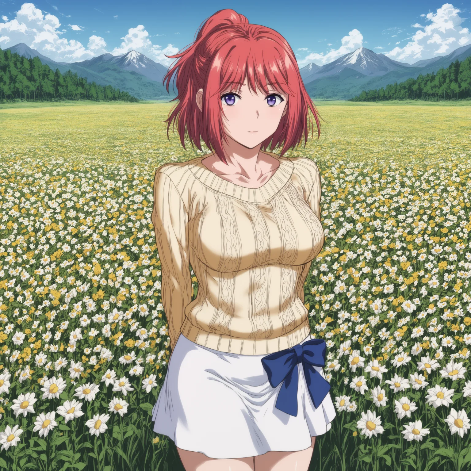 score_9, score_8_up, score_7_up, score_6_up, score_5_up, score_4_up
BREAK
yuri_olis, 1girl, solo, red hair, medium hair, ponytail, purple eyes, aran sweater, white skirt, dress bow, looking at viewer, arms behind back
BREAK
flower field, field, flower, scenery, mountain, outdoors, blue sky, day, wind
<lora:yuri_TsumaWoDousoukaiNiIkasetara_sdxl_v1:1>