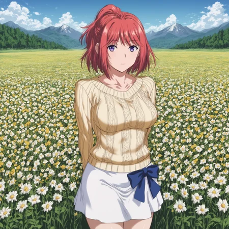 score_9, score_8_up, score_7_up, score_6_up, score_5_up, score_4_up
BREAK
yuri_olis, 1girl, solo, red hair, medium hair, ponytail, purple eyes, aran sweater, white skirt, dress bow, looking at viewer, arms behind back
BREAK
flower field, field, flower, scenery, mountain, outdoors, blue sky, day, wind
<lora:yuri_TsumaWoDousoukaiNiIkasetara_sdxl_v1:1>