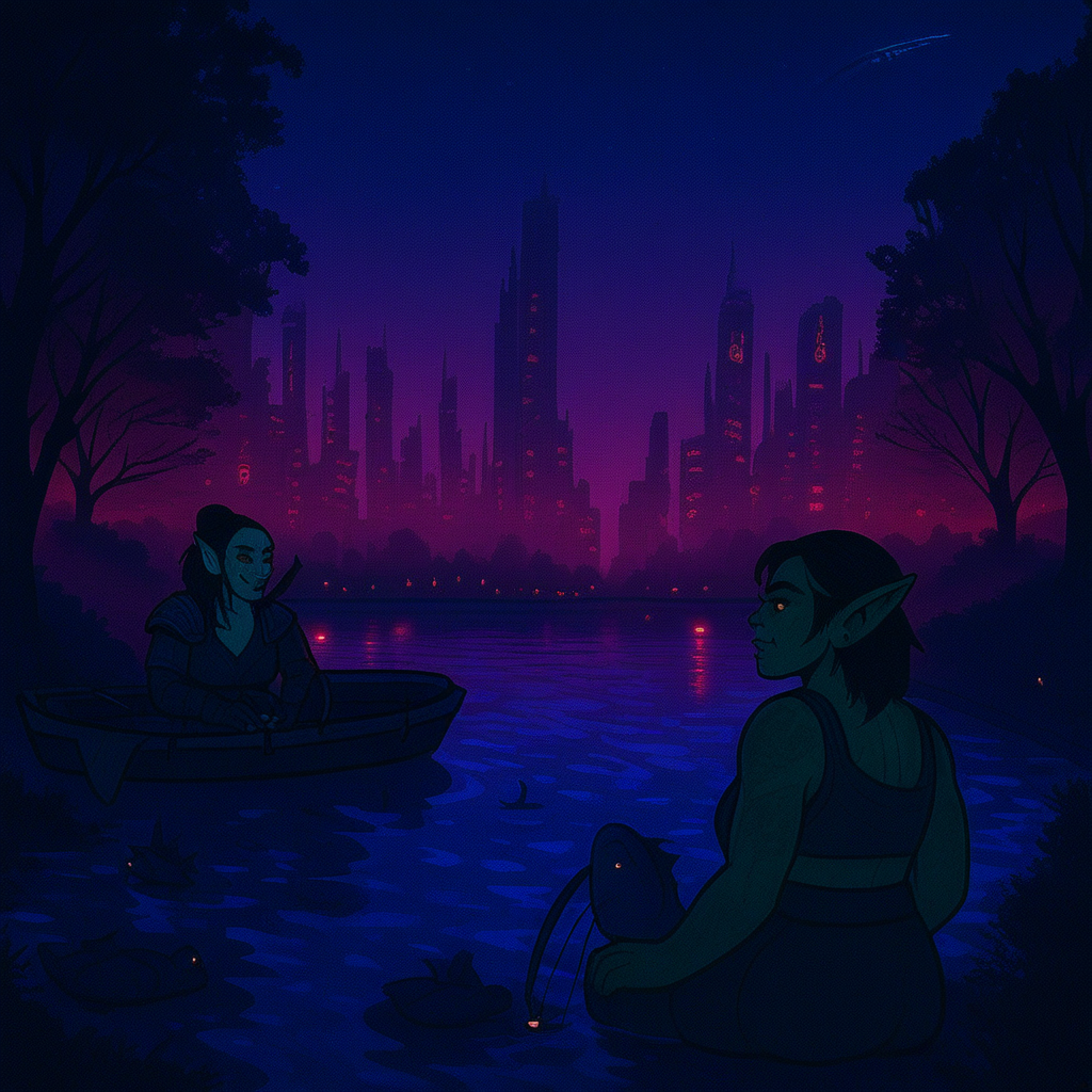 Cyberscrolls, Orsimer woman, Orc woman, beautiful, Fishing in koi pond, city park, trees, lanterns, cozy lighting, night, city skyline.