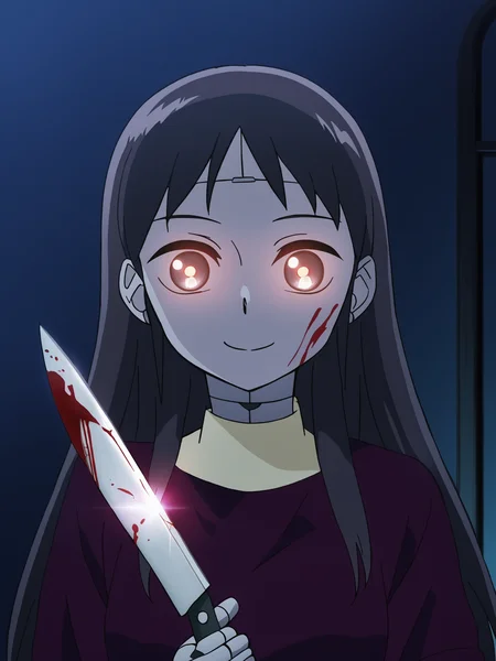 score_9, source_anime, masterpiece, best quality, <lora:Mina_PDXLv0.1:0.8> mina, long hair, dark dress, solo, flashlight eyes, dark, dark room, night, smug, evil smile:1.4, holding knife, blood on face, bloody knife, robot girl,, detailed, beautiful
