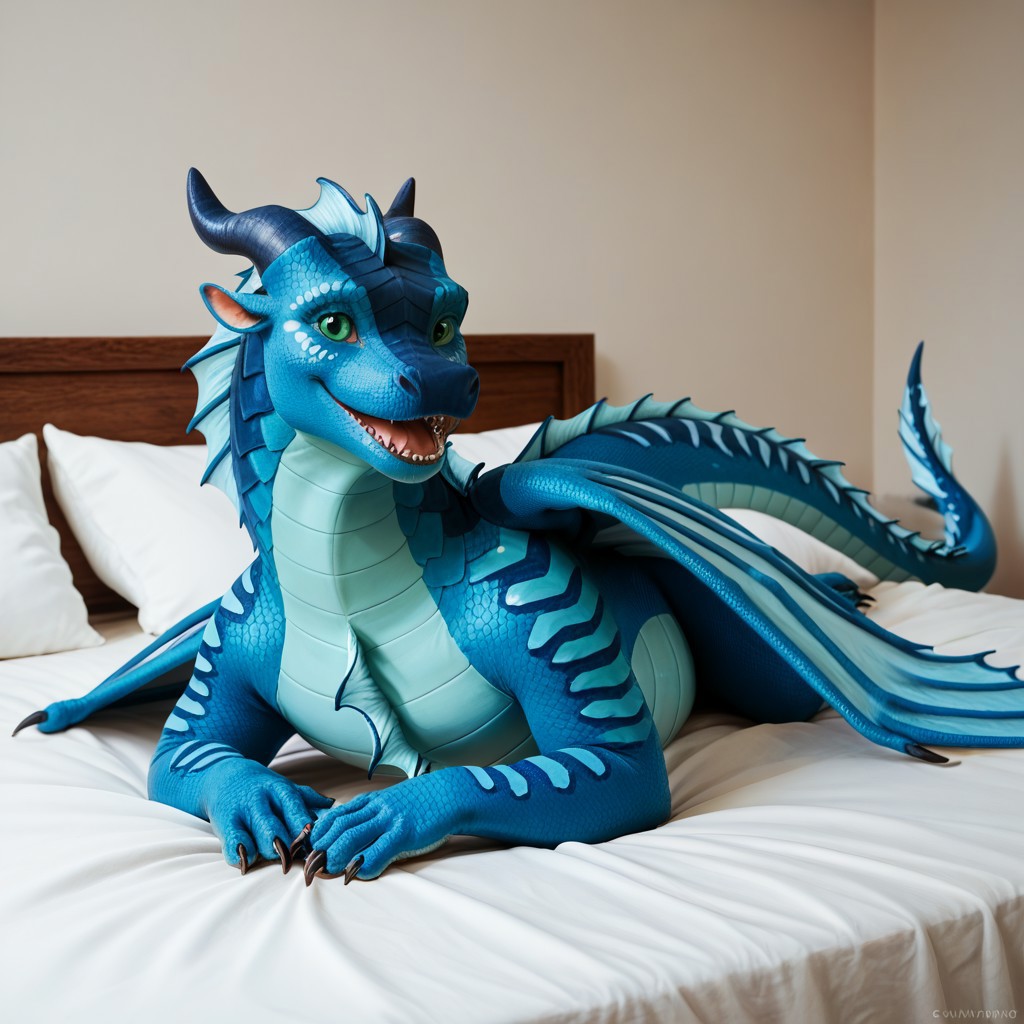 score_9, score_8_up, score_7_up, score_6_up, score_5_up, score_4_up, masterpiece, high quality, realistic, detailed, best quality, white bed, solo, rating_safe, source_furry, bedroom, smiling, open mouth smile, happy, detailed eyes, detailed face, (looking at viewer), lying on belly, Seawing_wof, aquatic scales, chin tendrils, dragon, scales, wings, horns, blue horns, tail, head frill, claws, chest frill, webbed claws, webbed feet, wing pattern, Tsunami_wof, blue scales, green eyes, 1girl, female, spread wings