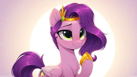 resolution,masterpiece,high resolution,my little pony,friendship is magic resolution,masterpiece,high resolution,solo,wild,pony,woman, <lora:Pipp_Petals:1> pipp petals,PONY, PEGASUS, pink fur, purple hair, green eyes, white wings, gilded hooves, golden tiara