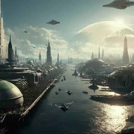 cinematic film still of <lora:star wars style v2:0.8>
<lora:detailed:0.4> detailed
<lora:perfection style:0.4> perfect
<lora:PerfectEyesXL:0.5>
<lora:Chiaroscuro Lighting Style:0.3>
In Star Wars Fictional universe a futuristic city with a lot of ships in the sky,outdoors,sky,cloud,no humans,moon,building,star (sky),scenery,science fiction,city,aircraft,sun,planet,spacecraft , cinematic, film, detailed background, motion picture style, different style, different people, space opera, realistic, sci fi style, cinematic light, dramatic light, perfect color, perfect scene, star wars style, shallow depth of field, vignette, highly detailed, high budget, bokeh, cinemascope, moody, epic, gorgeous, film grain, grainy