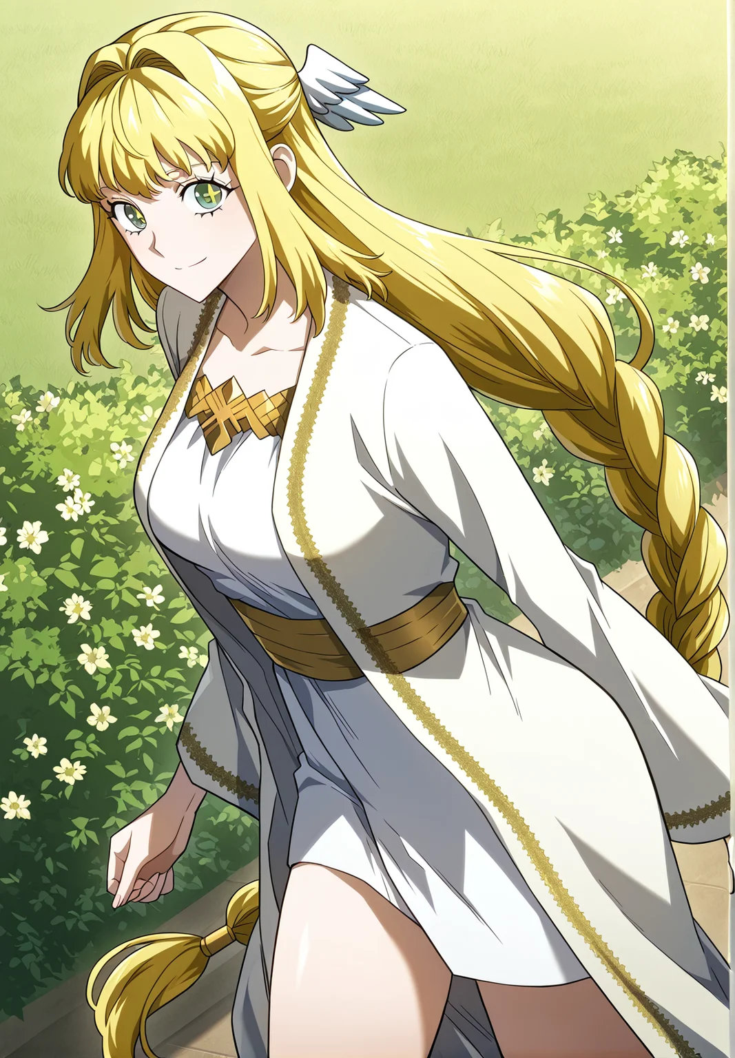 <lora:Dolores_Quovadis__Revenge_of_the_Iron-Blooded_Sword_Hound__Illustrious:1>
Dolores_Quovadis, 1 girl, solo, long hair straight hair, blonde hair, thick braid, long braid, straight fringe, wing hair ornament, green eyes, cross pupils, <lora:DetailedEyes_V3:1>,
Dolores_Quovadis_ceremonial, white ceremonial dress, long robe, gold embroidery, golden trim, wide sleeves, high waist sash,
zPDXL3, score_9_up, score_8_up, score_7_up, (Anime_source),Masterpiece,(perfect female body:1.2), small waist,(incredibly detailed:1.4), slim, beautiful fingers, Beautiful skin, thighs, looking at viewer, from side, from above, looking back,smile, garden background