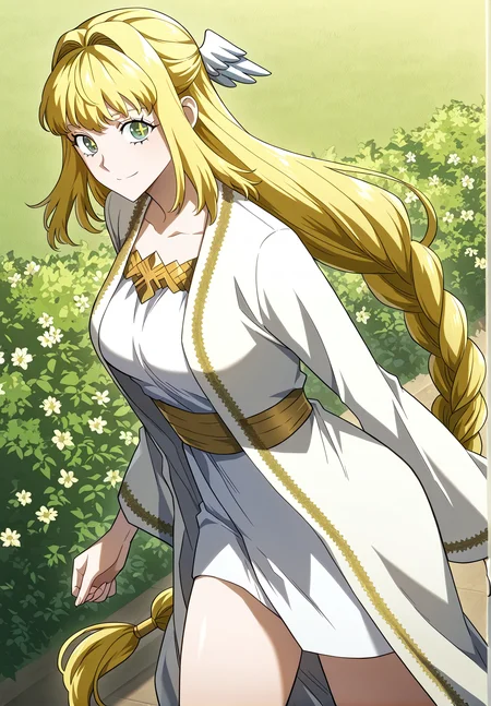<lora:Dolores_Quovadis__Revenge_of_the_Iron-Blooded_Sword_Hound__Illustrious:1>
Dolores_Quovadis, 1 girl, solo, long hair straight hair, blonde hair, thick braid, long braid, straight fringe, wing hair ornament, green eyes, cross pupils, <lora:DetailedEyes_V3:1>,
Dolores_Quovadis_ceremonial, white ceremonial dress, long robe, gold embroidery, golden trim, wide sleeves, high waist sash,
zPDXL3, score_9_up, score_8_up, score_7_up, (Anime_source),Masterpiece,(perfect female body:1.2), small waist,(incredibly detailed:1.4), slim, beautiful fingers, Beautiful skin, thighs, looking at viewer, from side, from above, looking back,smile, garden background